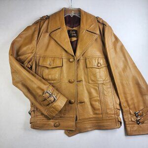 VTG 70s Monsieur Bernard Belted Leather Field Jacket 40 M Cognac Brown Safari